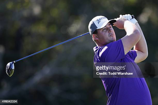 Michael Putnam tees off on the 2nd hole on the Seaside Course during the second round of The RSM Classic on November 20, 2015 in St Simons Island,...