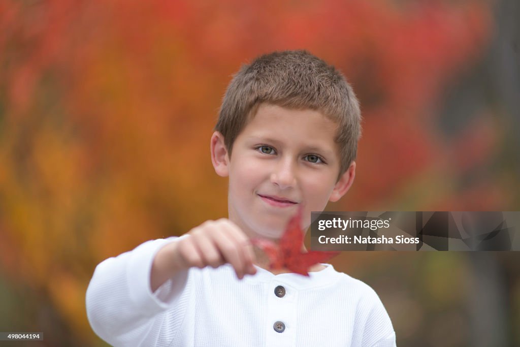 Young boy playing outdoors in the fall