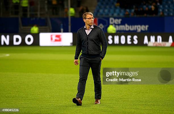 Peter Knaebel, team director of Hamburg looks on before the Bundesliga match between Hamburger SV and Borussia Dortmund at Volksparkstadion on...