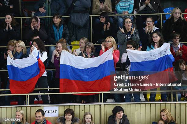 Russian fans show their support during the Ladies Short Program on day one of the Rostelecom Cup ISU Grand Prix of Figure Skating 2015 at the...