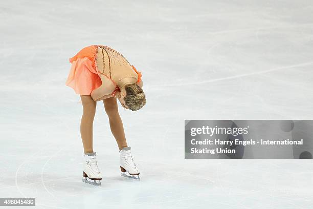 Elena Radionova of Russia reacts after skating during the Ladies Short Program on day one of the Rostelecom Cup ISU Grand Prix of Figure Skating 2015...