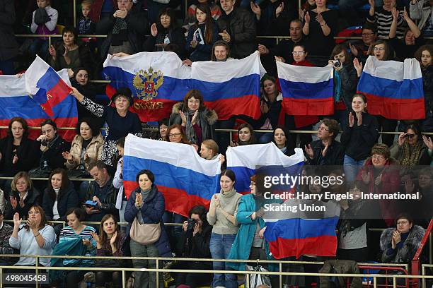 Russian fans show their support during the Ladies Short Program on day one of the Rostelecom Cup ISU Grand Prix of Figure Skating 2015 at the...