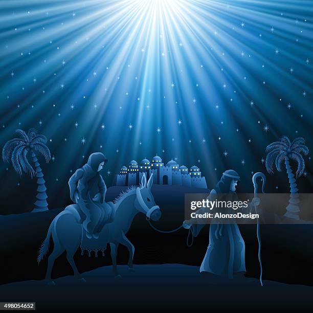 ilustraciones, imágenes clip art, dibujos animados e iconos de stock de natividad-sagrada la noche - jesus riding on a donkey