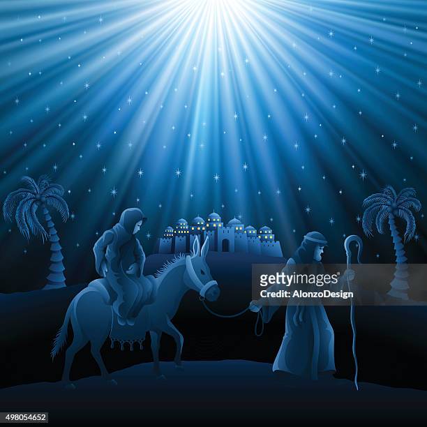 nativity scene - holy night - jesus riding on a donkey stock illustrations