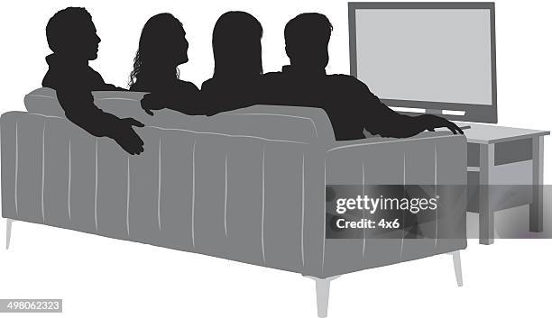friends watching t.v. - couple sitting on couch stock illustrations