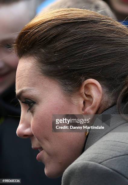 Catherine, Duchess of Cambridge, earring detail, meets wellwishers during a visit to Caernarfon on November 20, 2015 in Caernarfon. United Kingdom.