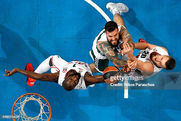 Miroslav Raduljica, #10 of Panathinaikos Athens competes with Andrey Zubkov, #20 of lokomotiv Kuban Krasnodar during the Turkish Airlines Euroleague...