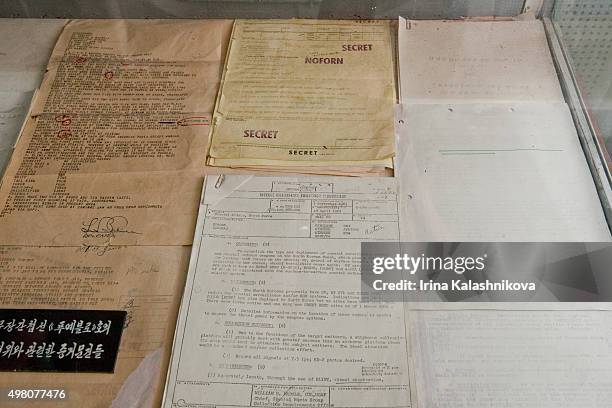 Documents on display at the Pueblo, the US National Security Agency spy ship, that is now a museum on the banks of the Taedong River in Pyongyang.