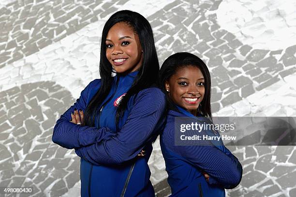 Gymnasts Gabby Douglas and Simone Biles pose for a portrait at the USOC Rio Olympics Shoot at Quixote Studios on November 20, 2015 in Los Angeles,...