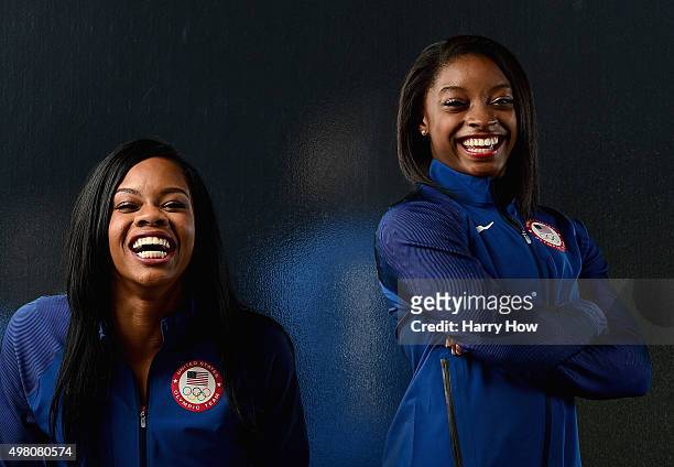 Gymnasts Gabby Douglas and Simone Biles pose for a portrait at the USOC Rio Olympics Shoot at Quixote Studios on November 20, 2015 in Los Angeles,...