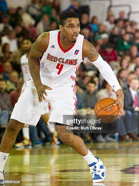 Coty Clarke of the Maine Red Claws host controls the ball against the Toronto Raptors 905 in their home opener on November 20, 2015 at the Portland...