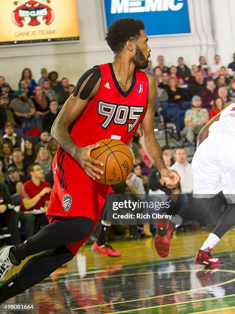 Scott Suggs of the Toronto Raptors 905 looks up court after grabbing a rebound against the Maine Red Claws on November 20, 2015 at the Portland Expo...