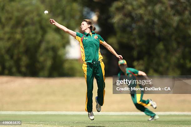Julie Hunter of the Roar fields the ball during the WNCL match between Tasmania and Western Australia at Park 25 on November 21, 2015 in Adelaide,...