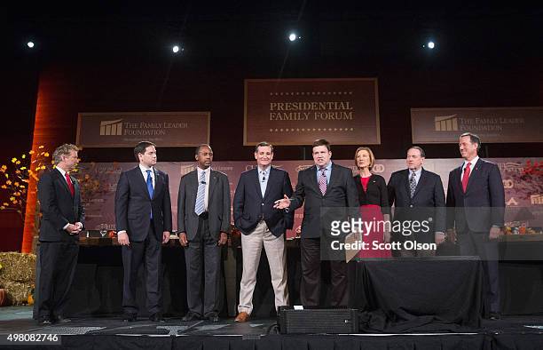 Moderator Frank Luntz introduces Republican presidential candidates Sen. Rand Paul , Sen. Marco Rubio , Ben Carson, Ted Cruz and Carly Fiorina, Mike...