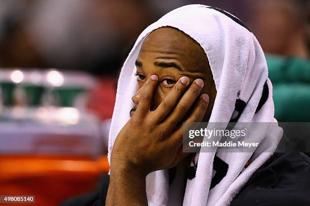 Jarrett Jack of the Brooklyn Nets looks on from the bench during the second half against the Boston Celtics at TD Garden on November 20, 2015 in...