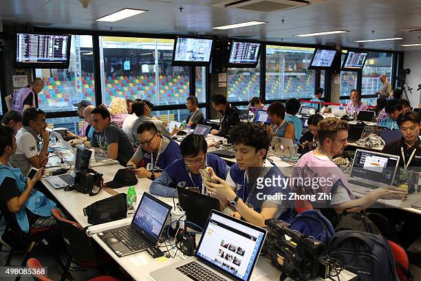 Journalists work in the press room during the Qualifying-Provisional Classification of the SJM Macau GT Cup-FIA GT World Cup event as part of the...