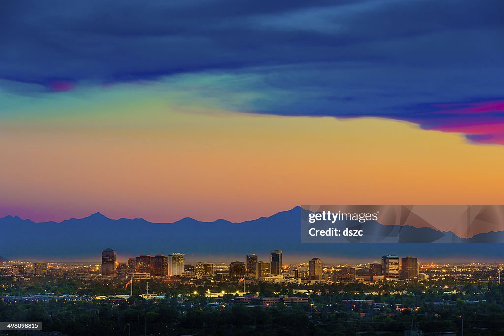 Phoenix Arizona skyline panorama cityscape sunset, aerial from Scottsdale