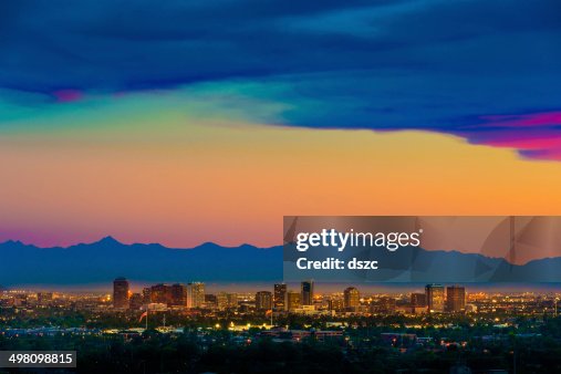 Phoenix Arizona skyline panorama cityscape sunset, aerial from Scottsdale Phoenix Arizona skyline panorama cityscape sunset, aerial from Scottsdale