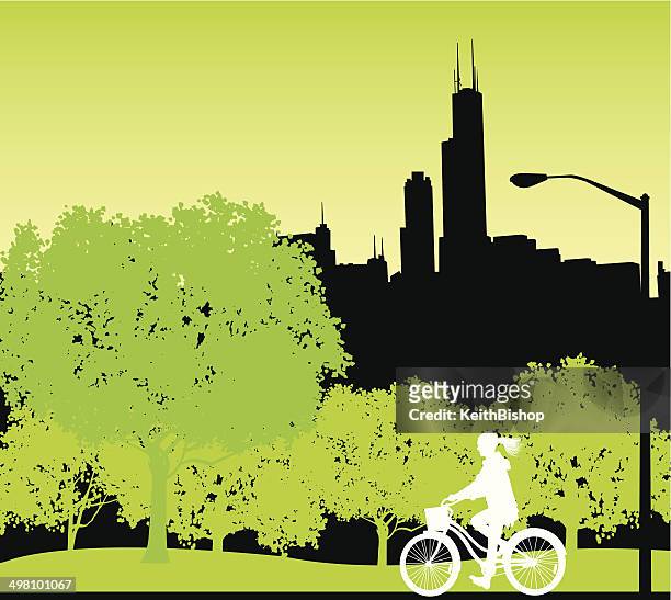 bicyclist in der city park hintergrund - chicago loop stock-grafiken, -clipart, -cartoons und -symbole
