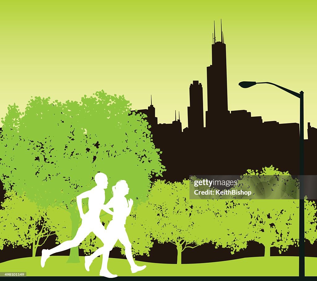 Interracial Joggers in Chicago City Park Background