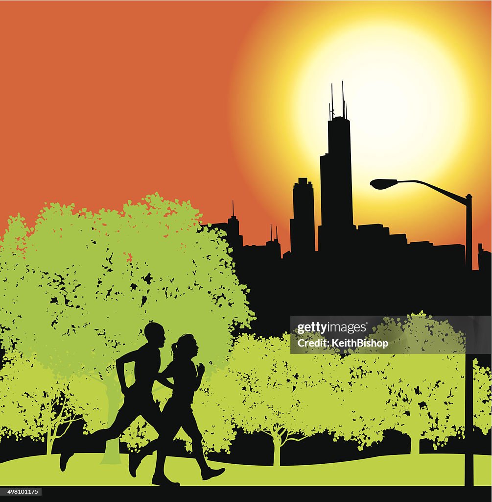 Interracial Joggers in Chicago City Park Background