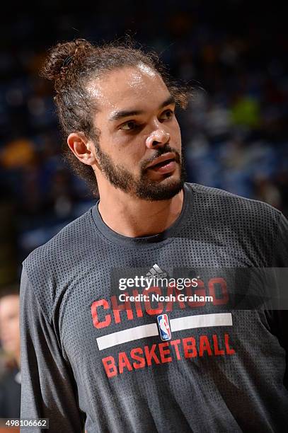 Joakim Noah of the Chicago Bulls warms up before the game against the Golden State Warriors on November 20, 2015 at ORACLE Arena in Oakland,...