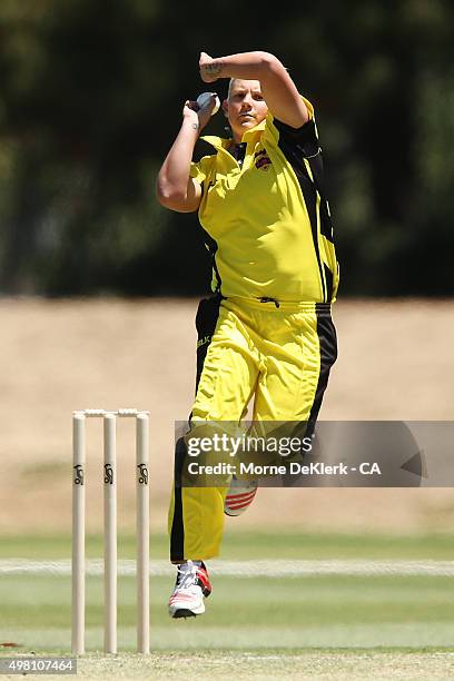 Nicky Shaw of the Fury bowls during the WNCL match between Tasmania and Western Australia at Park 25 on November 21, 2015 in Adelaide, Australia.