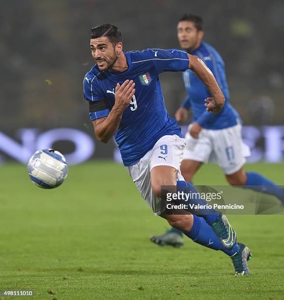 Graziano Pelle of Italy in action during the international friendly match between Italy and Romania at Stadio Renato Dall'Ara on November 17, 2015 in...