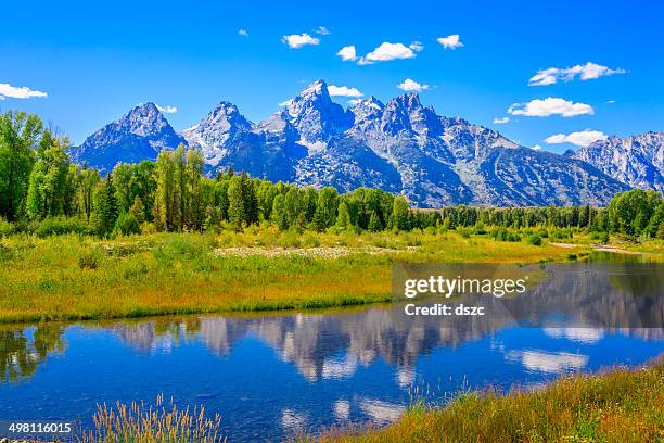 grand tetons mountains, summer, blue sky, water, reflections, snake river - teton range stock pictures, royalty-free photos & images