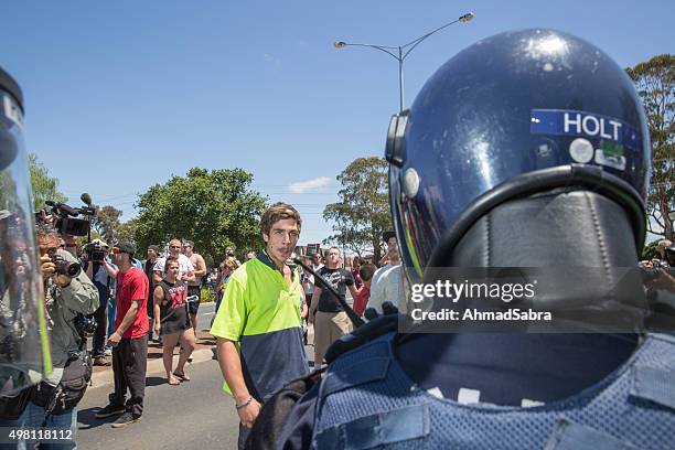 reclaim australia rally melton - victoria police stock pictures, royalty-free photos & images