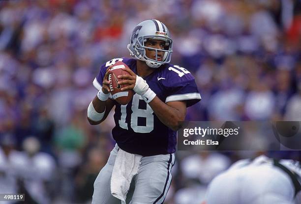 Jonathan Beasley of the Kansas State Wildcats passes the ball during the game against the Baylor Bears at Wagner Field in Manhattan, Kansas. The...