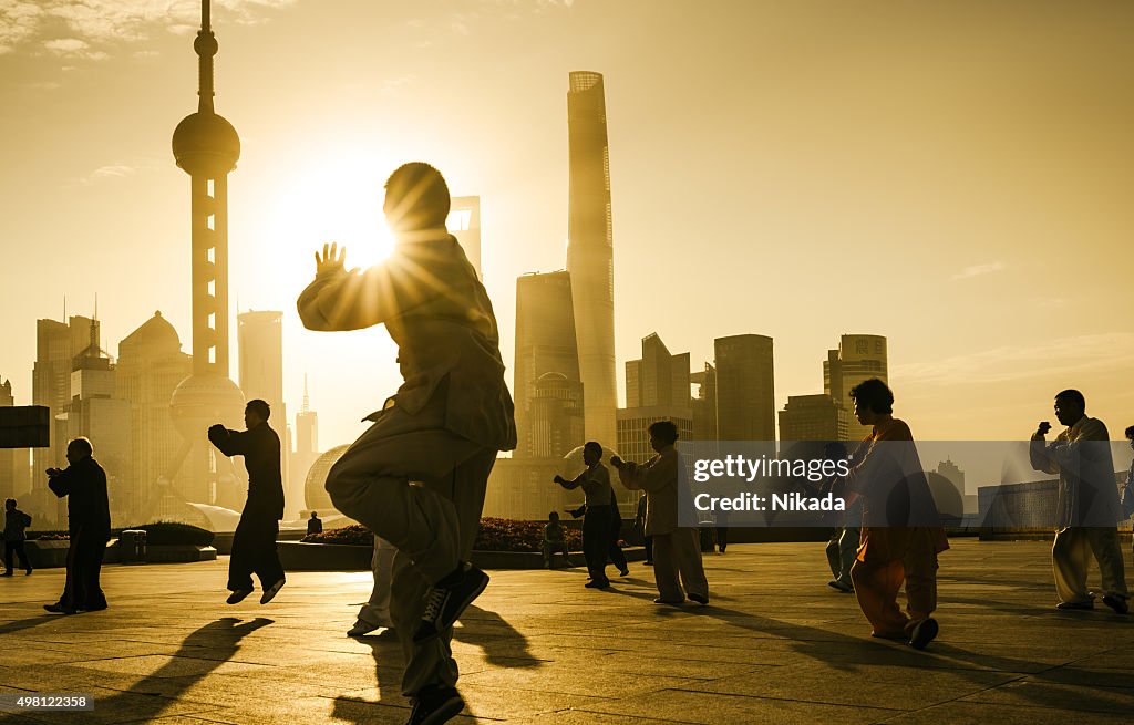 People practice tai chi in the Bund area, Shanghai