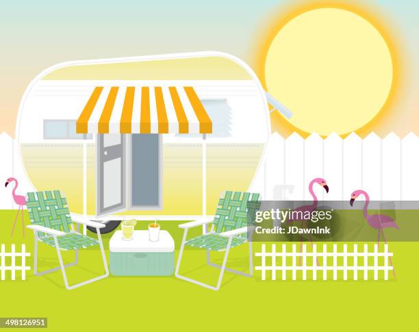 backyard campingplatz sommer celebration hintergrund design-vorlage - flamingos stock-grafiken, -clipart, -cartoons und -symbole
