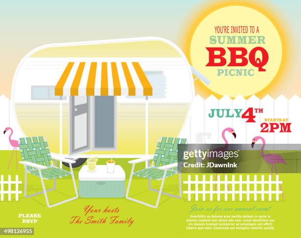 backyard trailer park summer celebration invitation design template - barbecue social gathering stock illustrations