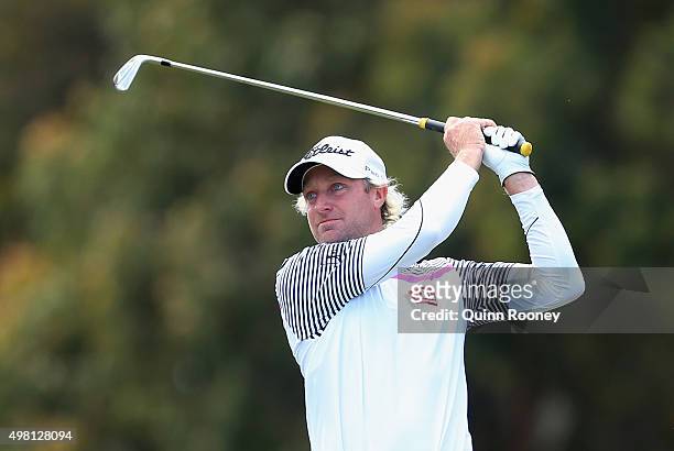 Peter Wilson of Australia plays an approach shot during day three of the 2015 Australian Masters at Huntingdale Golf Club on November 21, 2015 in...