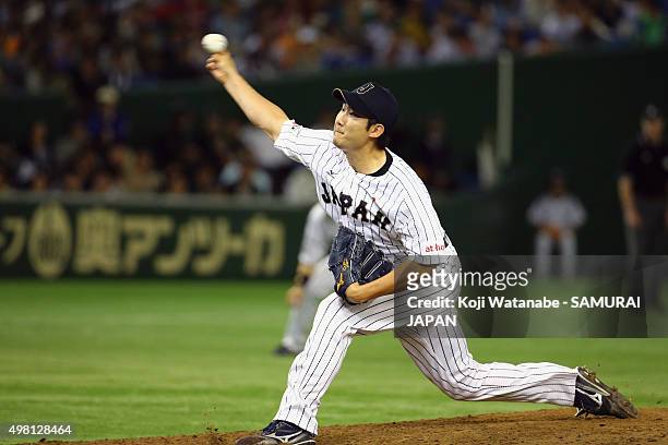Tomoyuki Sugano of Japan pitches in the top half of sixth inning during the WBSC Premier 12 third place play off match between Japan and Mexico at...