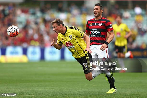 Benjamin Sigmund of the Phoenix heads the ball during the round seven A-League match between Western Sydney Wanderers and Wellington Phoenix at...