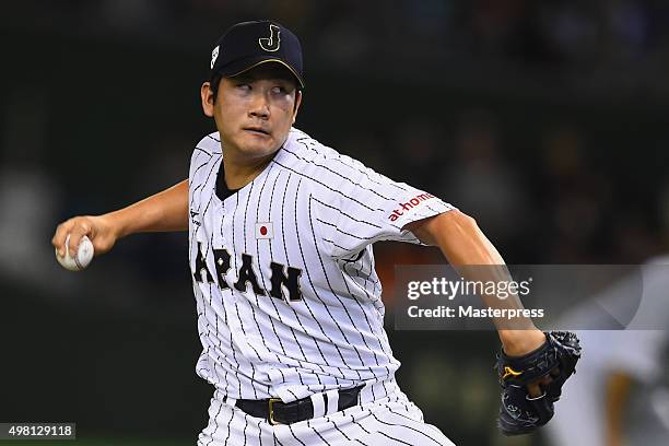 Tomoyuki Sugano of Japan pitches in the top half of fifth inning during the WBSC Premier 12 third place play off match between Japan and Mexico at...
