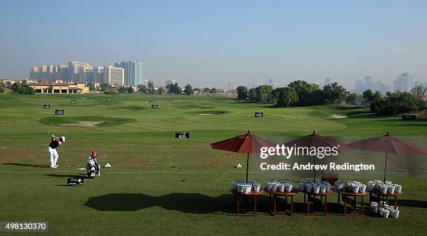 Pablo Larrazabal of Spain warms up on the driving range during the third round of the DP World Tour Championship on the Earth Course at Jumeirah Golf...