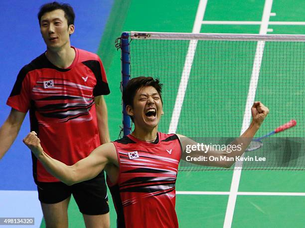 Lee Yong Dae of South Korea reacts after winning the match between Lee Yong Dae and Yoo Yeon Seong of South Korea and Chai Biao and Hong Wei of China...