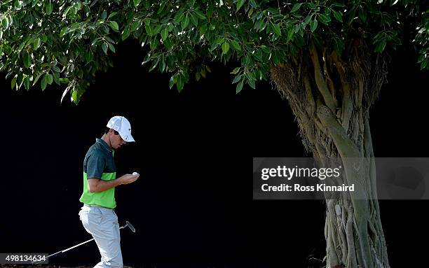 Rory McIlroy of Northern Ireland makes his way on to the 7th tee during the third round of the DP World Tour Championship on the Earth Course at...