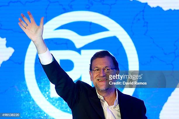 Spain's Prime Minister and President of Partido Popular Mariano Rajoy waves during the official presentation of the Partido Popular candidates on...