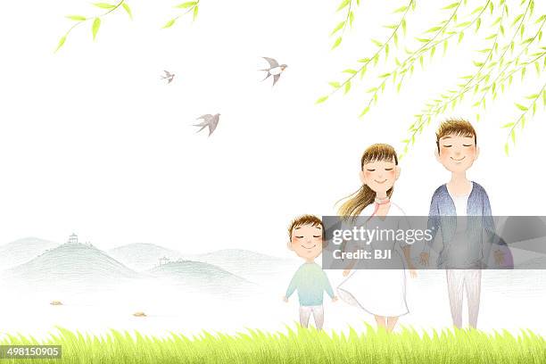 happy family enjoying spring - family in the park stock illustrations
