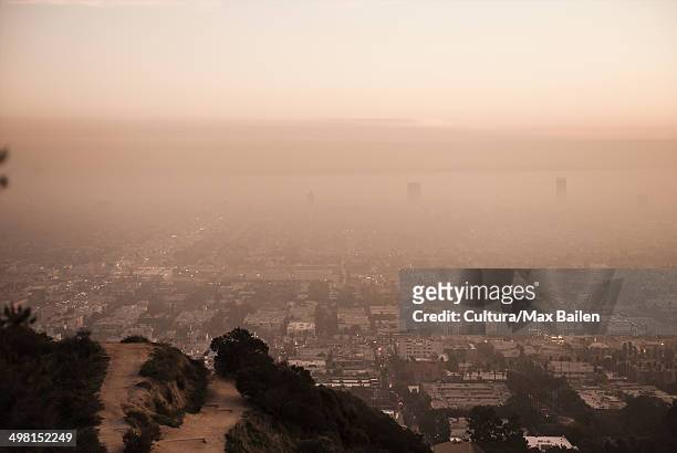 view of misty los angeles from runyon canyon, california, usa - runyon canyon stock pictures, royalty-free photos & images