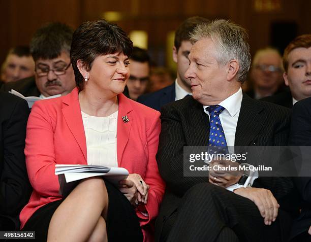 Arlene Foster sits alongside Peter Robinson during the Democratic Unionist Party annual conference at La Mon Hotel on November 21, 2015 in Belfast,...