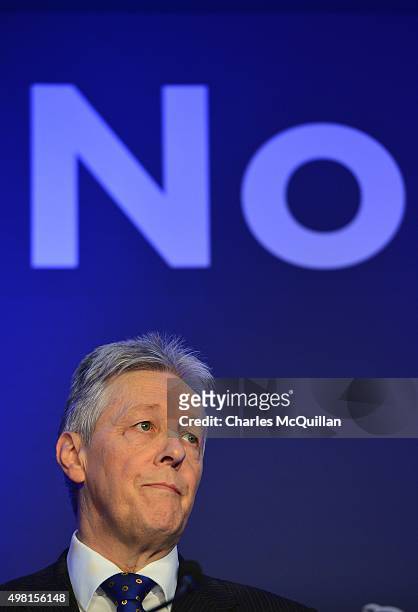 Peter Robinson makes his farewell speech as party leader during the Democratic Unionist Party annual conference at La Mon Hotel on November 21, 2015...