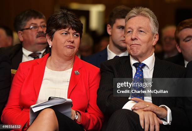 Arlene Foster sits alongside Peter Robinson during the Democratic Unionist Party annual conference at La Mon Hotel on November 21, 2015 in Belfast,...