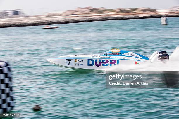 Salem Al Adidi and Eisa Al Ali compete during the Dubai Grand Prix at the Fifth round of the UIM XCAT World Series where 14 boats are competing....