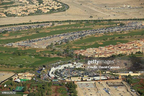 An aerial view of the clubhouse with the car parks behind during the third round of the 2015 DP World Tour Championship on the Earth Course at...