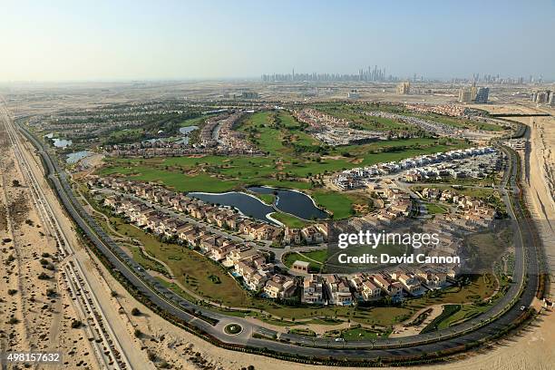 View over the 'Fire' course and the Jumeirah Golf Estates during the third round of the 2015 DP World Tour Championship on the Earth Course at...